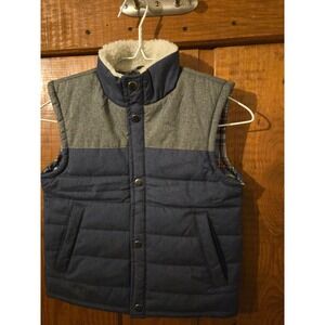 CHEROKEE Kids Puffer Vest Navy Grey Plaid Lined Sherpa Collar Size 6/7